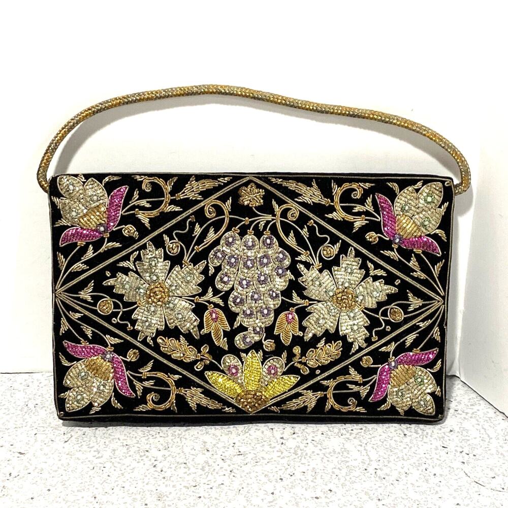 Vintage mid century black velvet evening bag top handle gold silver pink yellow